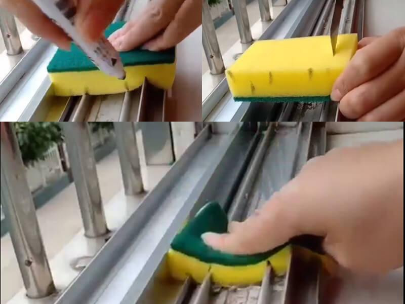 Làm sạch khe cửa sổ bằng miếng xốp và nước rửa chén