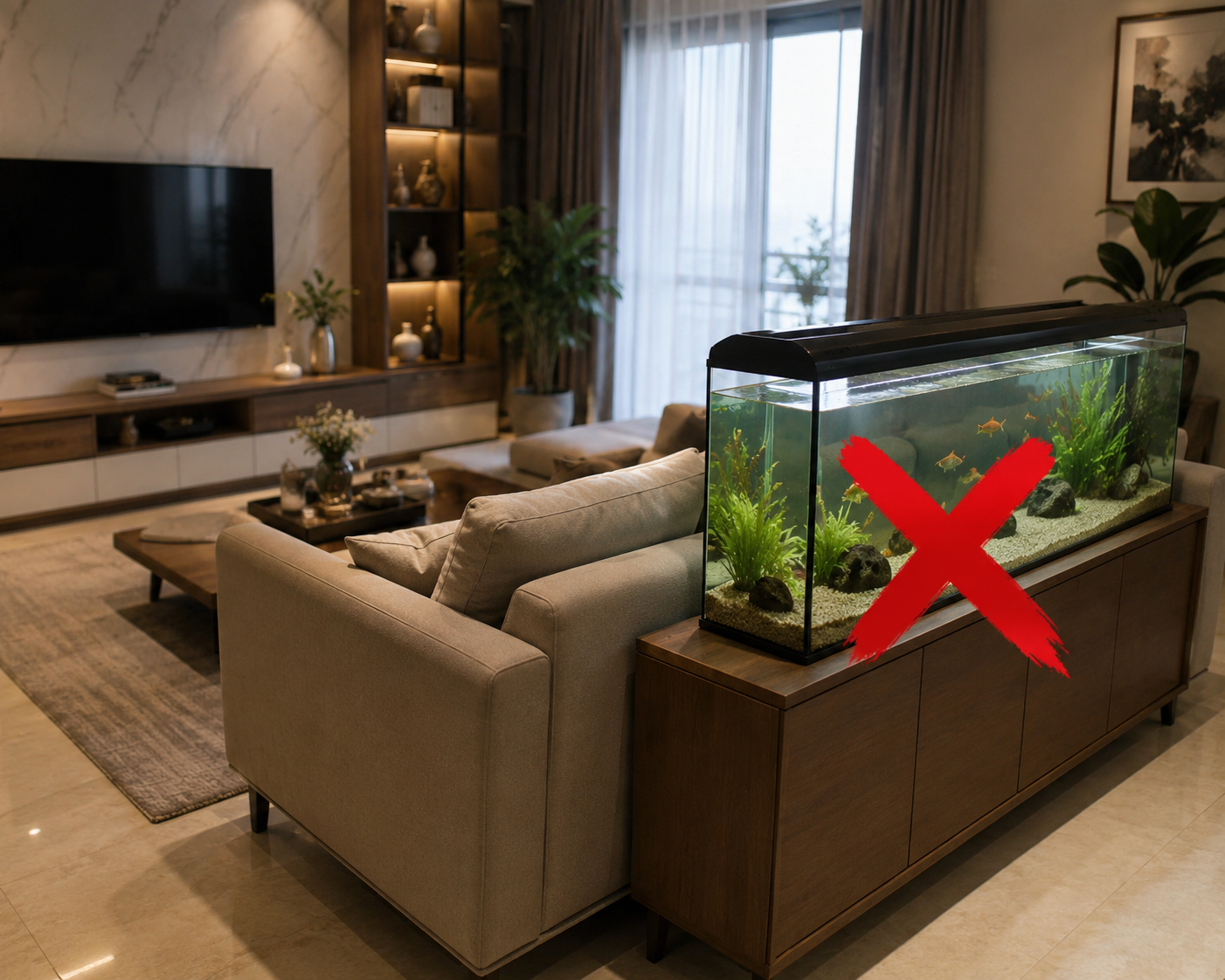 Không nên đặt bể cá phía sau sofa trong phòng khách
